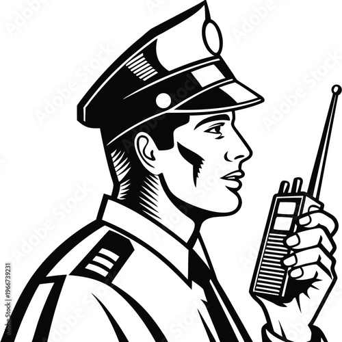 Alert male police officer holding a walkie talkie for important communication during duty or patrol