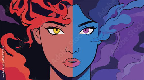 Art that shows a woman face split in two colors with fiery elements on one side and cool elements on the other side