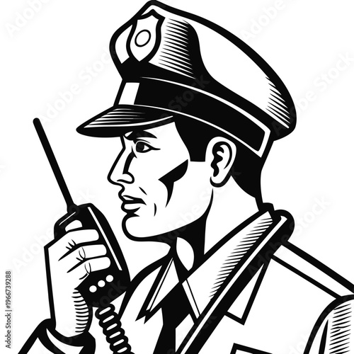Dedicated male police officer communicating using a walkie talkie device for public safety and security