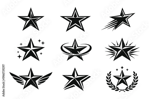 Varied stylized star emblems with distinct design elements and decorative features
