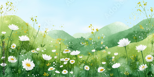 Watercolor grass field with wildflowers and mountains. Spring meadow landscape featuring daisies, rolling hills, blue sky with clouds. Nature scene vector illustration.