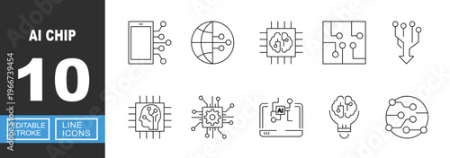 AI Chip icon. Includes artificial intelligence, processor chip, electronic circuit, digital brain, hardware technology. Editable stroke line icons.