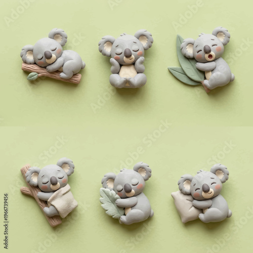 Adorable clay icon pack featuring cute koalas in peaceful and playful poses, ideal for children's educational content, game development, or charming digital designs