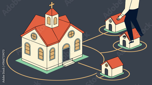 "A professional, high-resolution cinematic shot of a miniature church model connected to several miniature house models by glowing light paths on a dark surface. The central church features a cross on