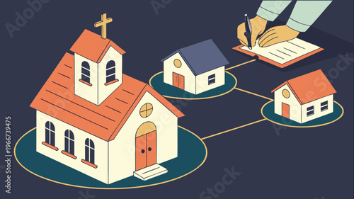 "A professional, high-resolution cinematic shot of a miniature church model connected to several miniature house models by glowing light paths on a dark surface. The central church features a cross on