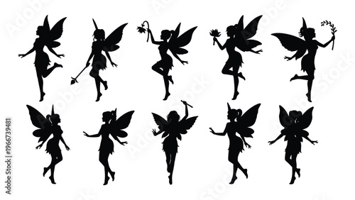A collection of nine black silhouettes depicting whimsical fairies in various poses holding flowers and branches silhouette high quality professional detailed