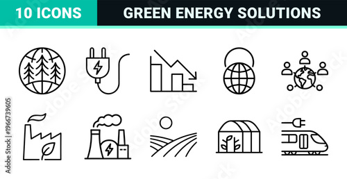 Sustainable Ecology and Green Energy Thin Line Art. minimalist monoline geometric symbols for environmental conservation and renewable technology.