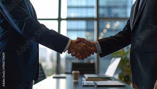 会議室で堅い握手を交わすスーツ姿の男性の手元　ビジネス、商談、契約イメージ
