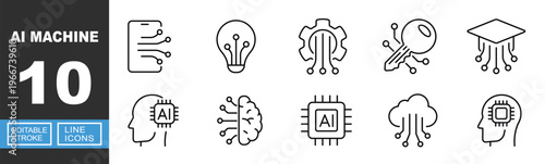 AI Machine icon. Includes artificial intelligence, smart tech, processor chip, cloud network, digital brain. Editable stroke line icons.