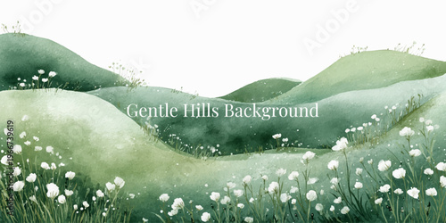 Watercolor landscape with green grass fields and wildflowers. Spring meadow scene with mountains, blue sky, and blooming daisies creates serene natural background for design.