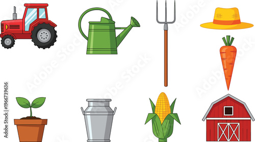 Farm and Agriculture Tools Set Featuring Tractor, Watering Can, Fork, Carrot, Corn, Milk Can, and Barn for Gardening and Farming Concepts