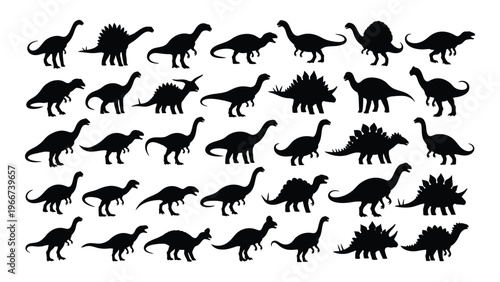 A diverse collection of dinosaur silhouettes showcases various species from long necked herbivores to iconic predators silhouette high quality professional detailed