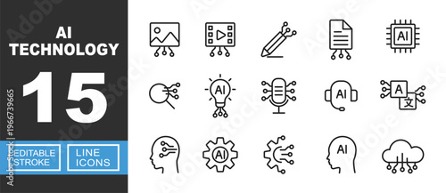 AI Technology icon. Includes artificial intelligence, generative content, processor chip, voice recognition, cloud computing. Editable stroke line icons.