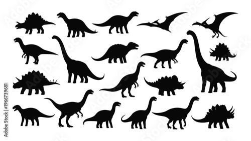A collection of various dinosaur species are depicted in stark black silhouettes showcasing prehistoric life silhouette high quality professional detailed modern