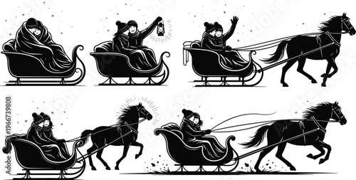 Horse sleigh ride vector illustration, CAD style black silhouette sketch, winter motion sequence, lantern signal, festive transport designHorse sleigh ride vector 