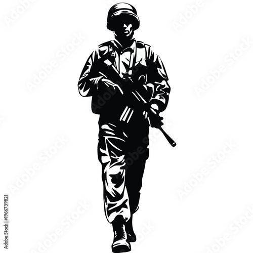 Resolute Military Infantry Soldier Equipped with Rifle Weapon and Tactical Gear