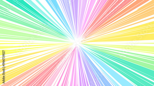 パステルカラーの虹色のフラッシュのような集中線サンバースト放射背景。16:9動画サムネイル用ベクター素材