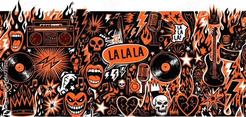 Rock music doodle pattern with electric guitar and skulls, punk rock hand drawn vector illustration, orange and black heavy metal music background