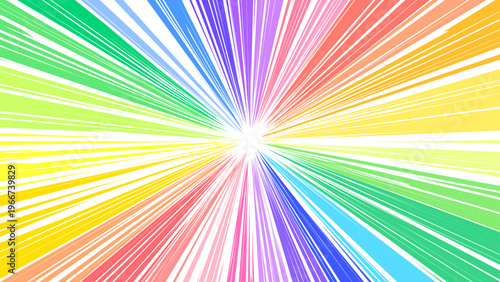 虹色のフラッシュのような集中線サンバースト放射背景。16:9動画サムネイル用ベクター素材