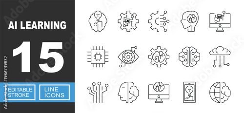 AI Learning icon. Includes machine learning, artificial intelligence, digital brain, data processing, neural network. Editable stroke line icons.