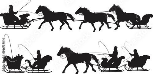 Horse-drawn sleigh silhouette vector, dynamic winter transport scene, festive carriage motion illustration, cad drawing flat vector illustration