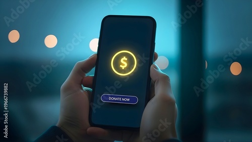 Digital Philanthropy: Hands Holding Smartphone with Online Donation App, Non-Profit Fundraising Technology: Giving Back Through Secure Mobile Payments
