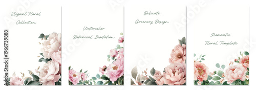 Watercolor floral collection featuring delicate pastel peony blossoms and green foliage, creating elegant botanical invitations and romantic wedding templates