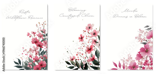 Watercolor floral cards with blooming pink cherry blossom elements creating a rustic wildflower romance and countryside charm, offering meadow dreams in bloom
