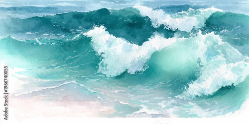 Ocean waves surging with white foam in a watercolor style, portraying the powerful force and beauty of the sea, creating a serene and energetic background