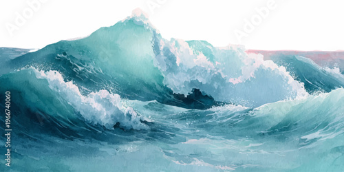 Powerful ocean waves cresting and breaking with sea foam and spray, showcasing the immense force and movement of water in a hand painted watercolor style illustration