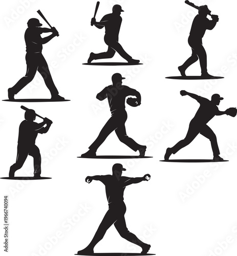 Dynamic silhouettes capturing the essential movements of baseball players in action, illustrating various roles on the field with power and precision