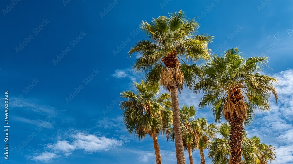 Obraz premium Tall palm trees under a bright blue sky create a calm, tropical feeling, great for unwinding or holiday ideas.