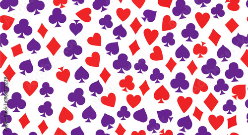 Seamless playing card suits pattern, red and purple gambling symbols on white background, casino poker wallpaper vector illustration
