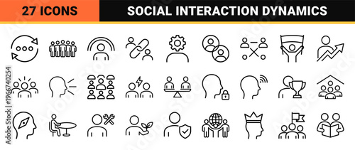 minimalist Monoline Human Interaction Icons for Social Connectivity and Teamwork, Featuring Geometric Line Art for Commercial Interface Design