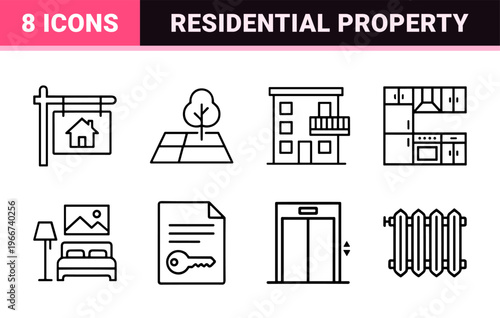 Real Estate and Property Management Thin Line Icon Set featuring Geometric Residential Buildings and Mortgage Finance Symbols for Web Design