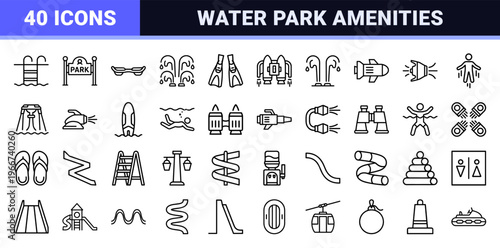 Water Park and Aquatic Adventure Line Art Set Featuring Minimalist Monoline Outdoor Recreation and Extreme Sport Symbols