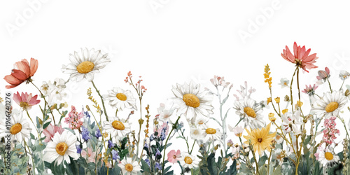 Watercolor border of blooming wildflowers  white daisies, pink cosmos and yellow chamomile  soft, pastel botanical artwork evoking spring and summer meadow charm and serenity