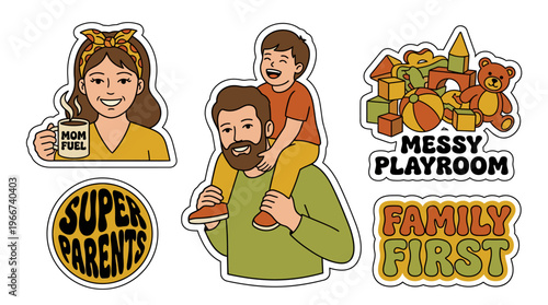 Collection of retro cartoon stickers celebrating family life, super parents, mom fuel, messy playrooms, and family first values.