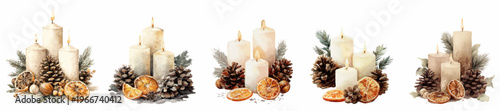 Christmas watercolor arrangements featuring burning candles, pine cones, dried orange slices, and evergreen branches, creating a warm winter holiday atmosphere