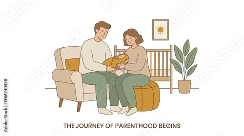 A happy couple holding their newborn baby in a cozy nursery, celebrating the beginning of parenthood with love and joy in a minimalist illustration.