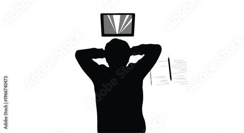 Frustrated businessman silhouette sitting at desk with laptop computer and papers feeling stressed or overwhelmed in office setting during workday