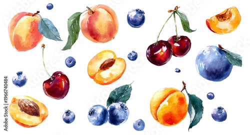 Watercolor pattern of summer fruits, whole and halved peaches, cherries with stems, blueberries and a round plum on white background, bright juicy organic produce