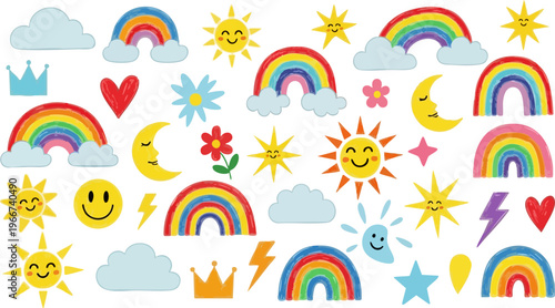Cute hand drawn sticker set with rainbows and suns, colorful weather icons collection, whimsical sky elements for nursery decor and scrapbooking