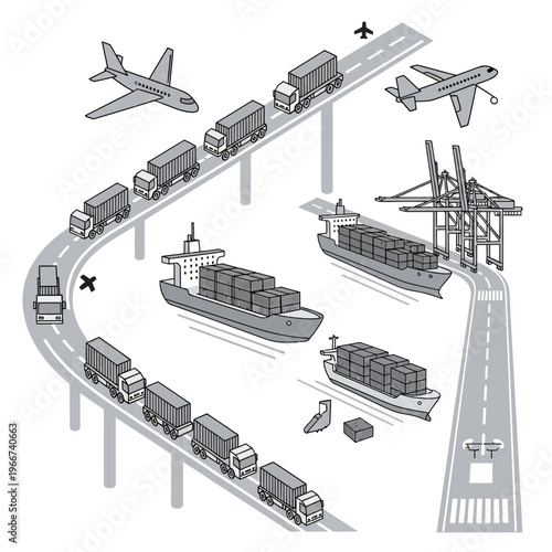 Isometric illustration depicting various modes of transportation including trucks, ships, and airplanes, showcasing logistics and supply chain operations.