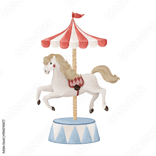 Circus carousel horse, watercolor isolated clipart. Vintage amusement element for kids posters, invitations, branding and nostalgic carnival design