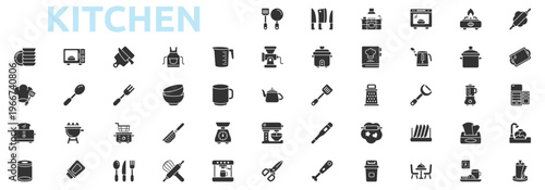 Kitchen icon set glyph style with cooking tools, knives, oven, stove, dough roller, tray, fridge, washing dishes, paper towel, plates, microwaves, cutting board, apron icons