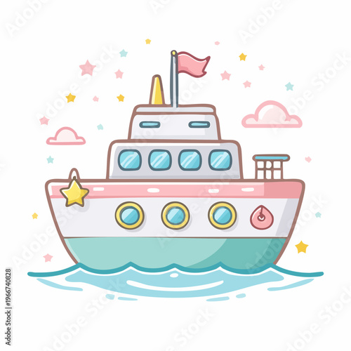 Cute pastel warship mascot with flag and stars on blue water, simplified toy design for children