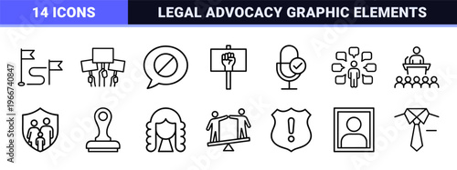 minimalist Monoline Human Rights Icons Featuring Geometric Legal Advocacy and Social Justice Symbols in Clean Black Outline Style