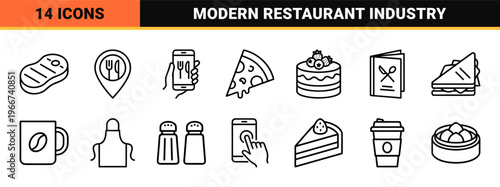 Commercial Hospitality and Dining Services Monoline Outline Icon Set Featuring Restaurant Management Food Delivery and Gourmet Cuisine Symbols