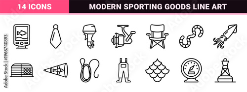 Hunting and Fishing Equipment Outline Symbols Featuring minimalist Monoline Geometric Line Art for Commercial Outdoor Sporting Graphics